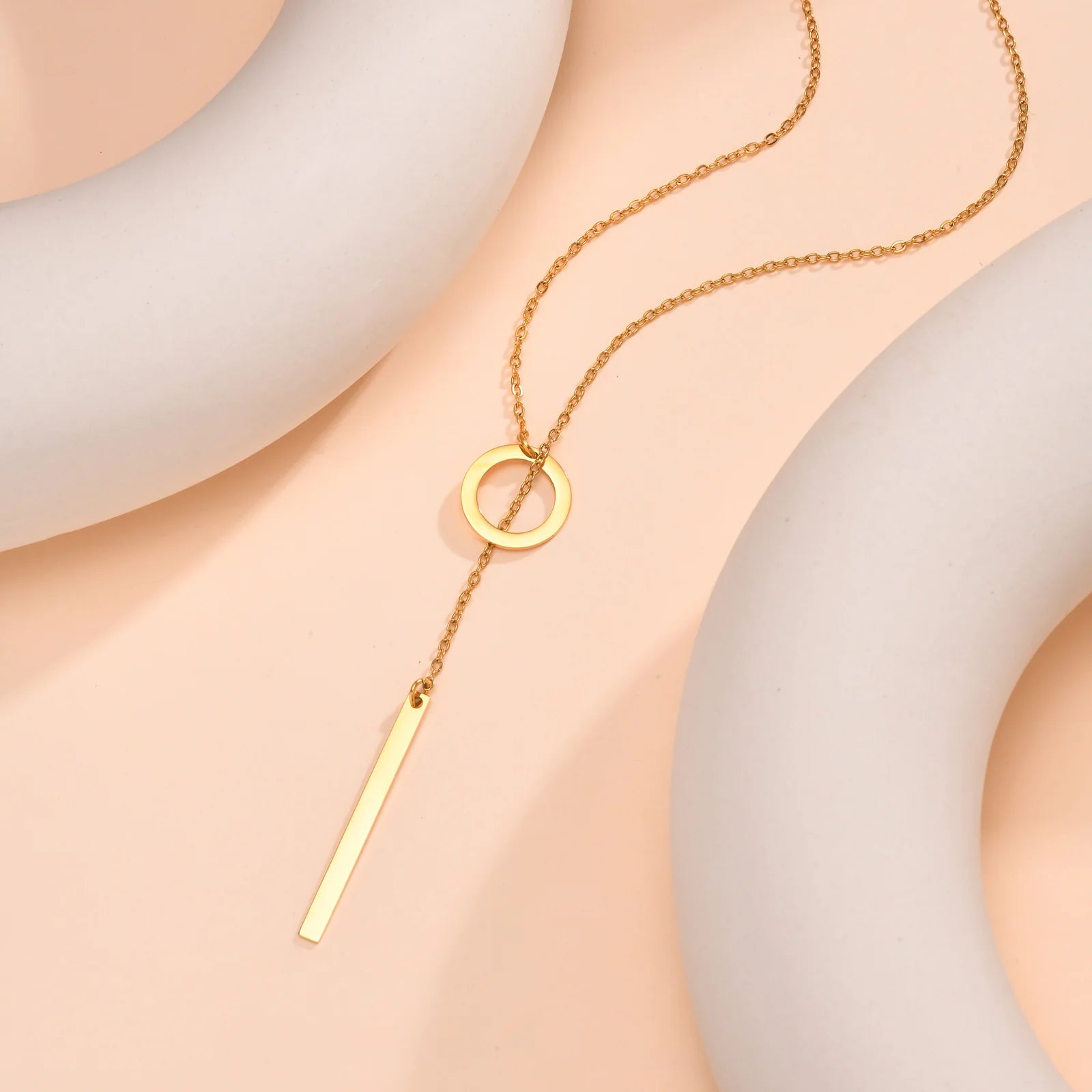 Stainless Steel Flat Cross Chain,Ring Rectangular Strip Adjustable Necklace for Women,Gold Color Geometric Pendant Jewelry