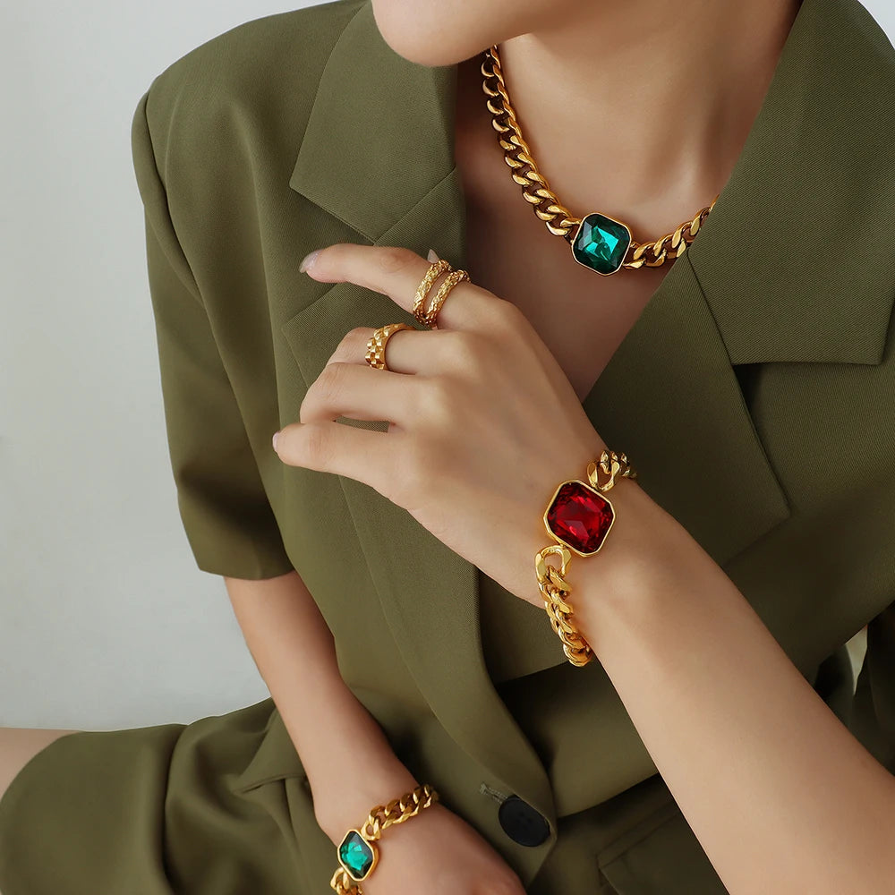 Nivora Cuban Chain Necklace Bracelet For Women Stainless Steel Women Jewelry Set Red Green Color Square Crystal Wedding Jewelry