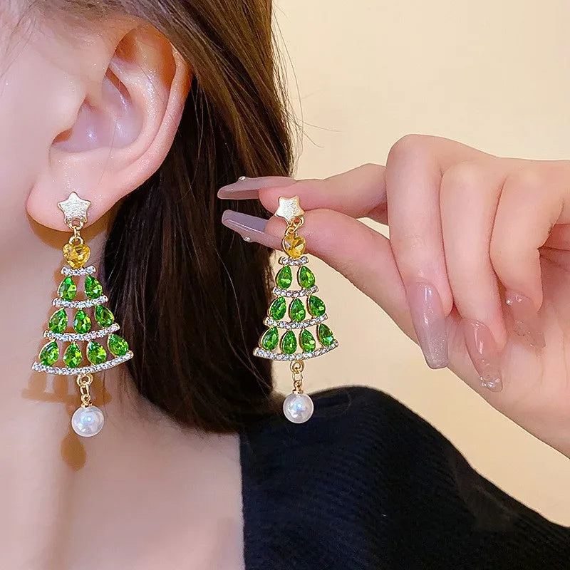 Sparkling Zircon Christmas Tree Stud Earrings for Women Colorful Rhinestone Snowflake Hat Boot Asymmetric Earring Xmas Jewelry