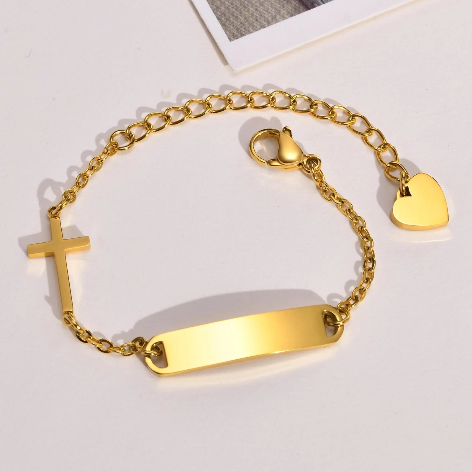 Personalized Stainless Steel ID Cross Bracelet for Girl Boy Gold Plated, Customized Nameplated Baptism Gift
