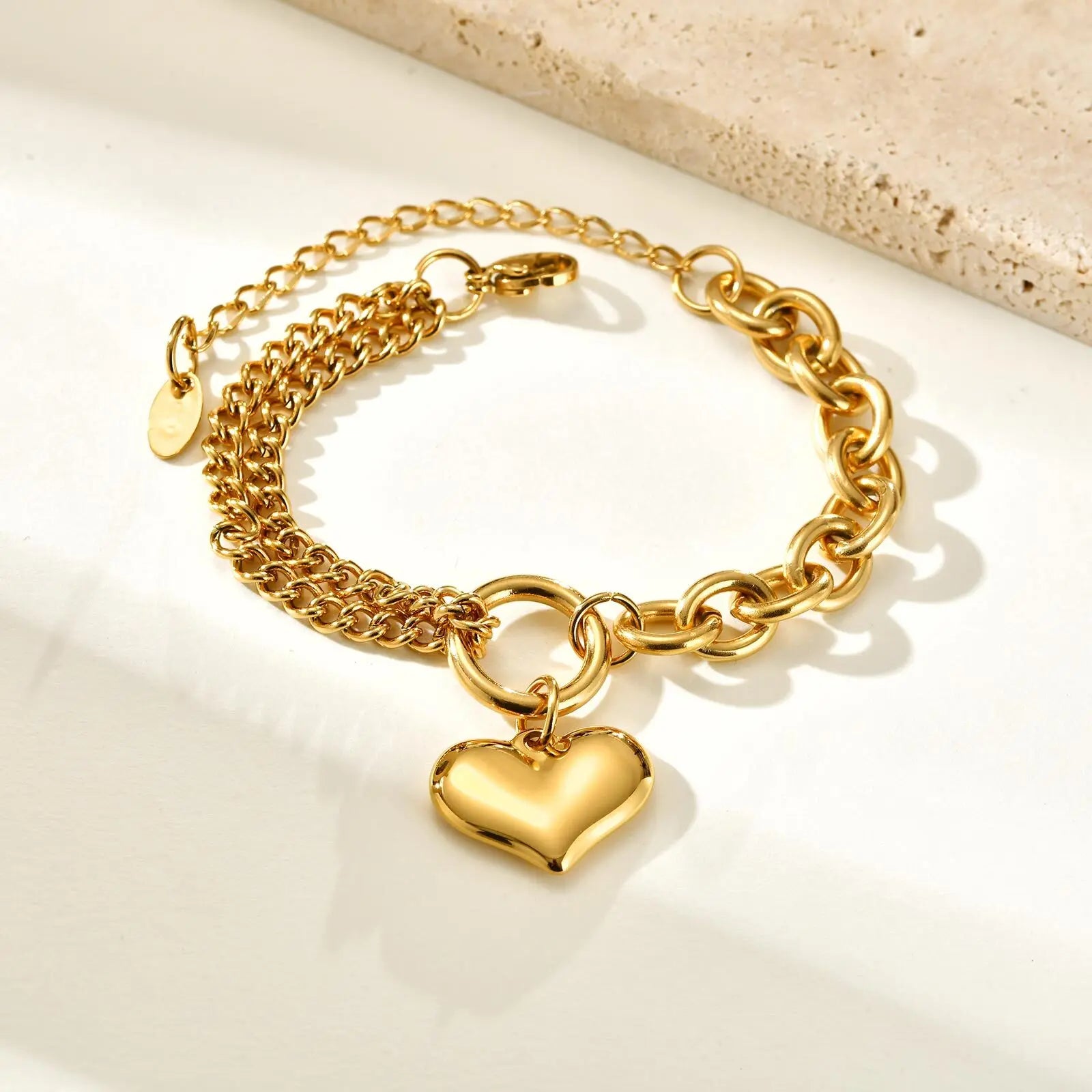 Vintage Stainless Steel Thick Chain Love Heart Charms Bracelet For Women Grils Gift Waterproof Jewelry