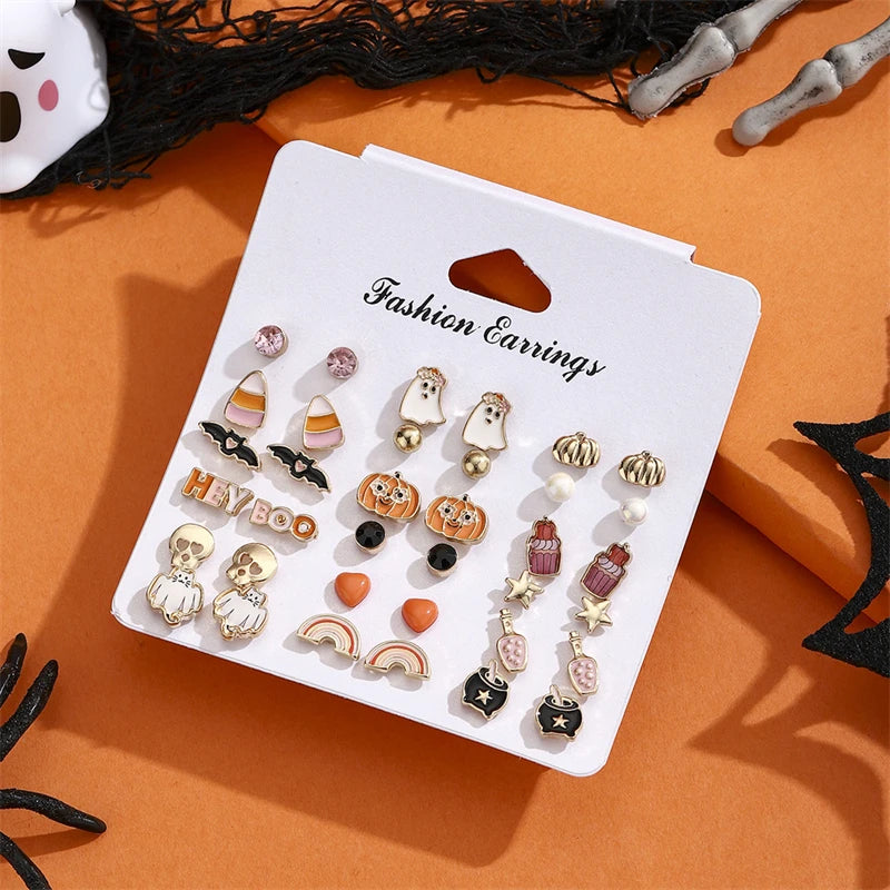 18 Pair Halloween Combination Earrings Set for Women Ghost Pumpkin Bat Skull Star Pearl Rhinestone Earring Girls Party Jewelry