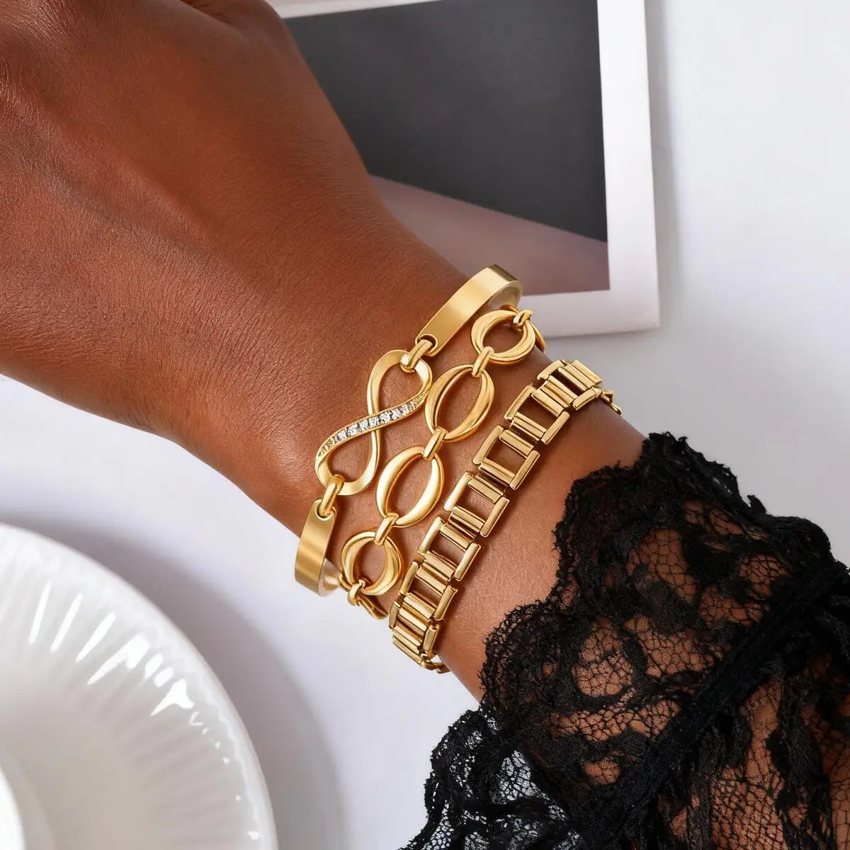 Tarnish Free Stainless Steel Stackable Chain Bracelet for Women, Statement Chunky Gold Plated Bracelet Layer Jewelry