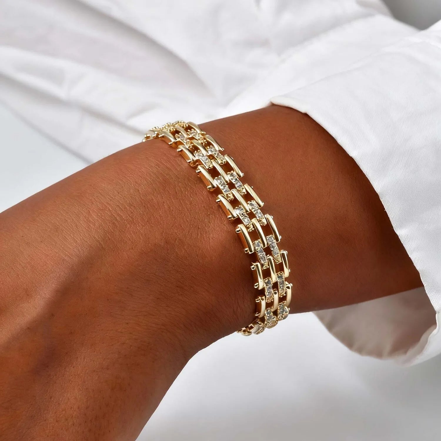 Luxury Chunky Watch Strap Bracelet for Women, Gold Plated Cubic Zirconia Chain Bracelet, Adjustable Stackable Jewelry