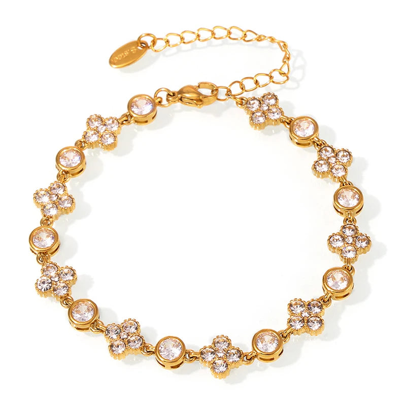 Nivora 16CM Stainless Steel Wrist Chain Bracelets Bling Cubic Zircon Flower Charm Bracelets For Women Golden Waterproof Jewelry