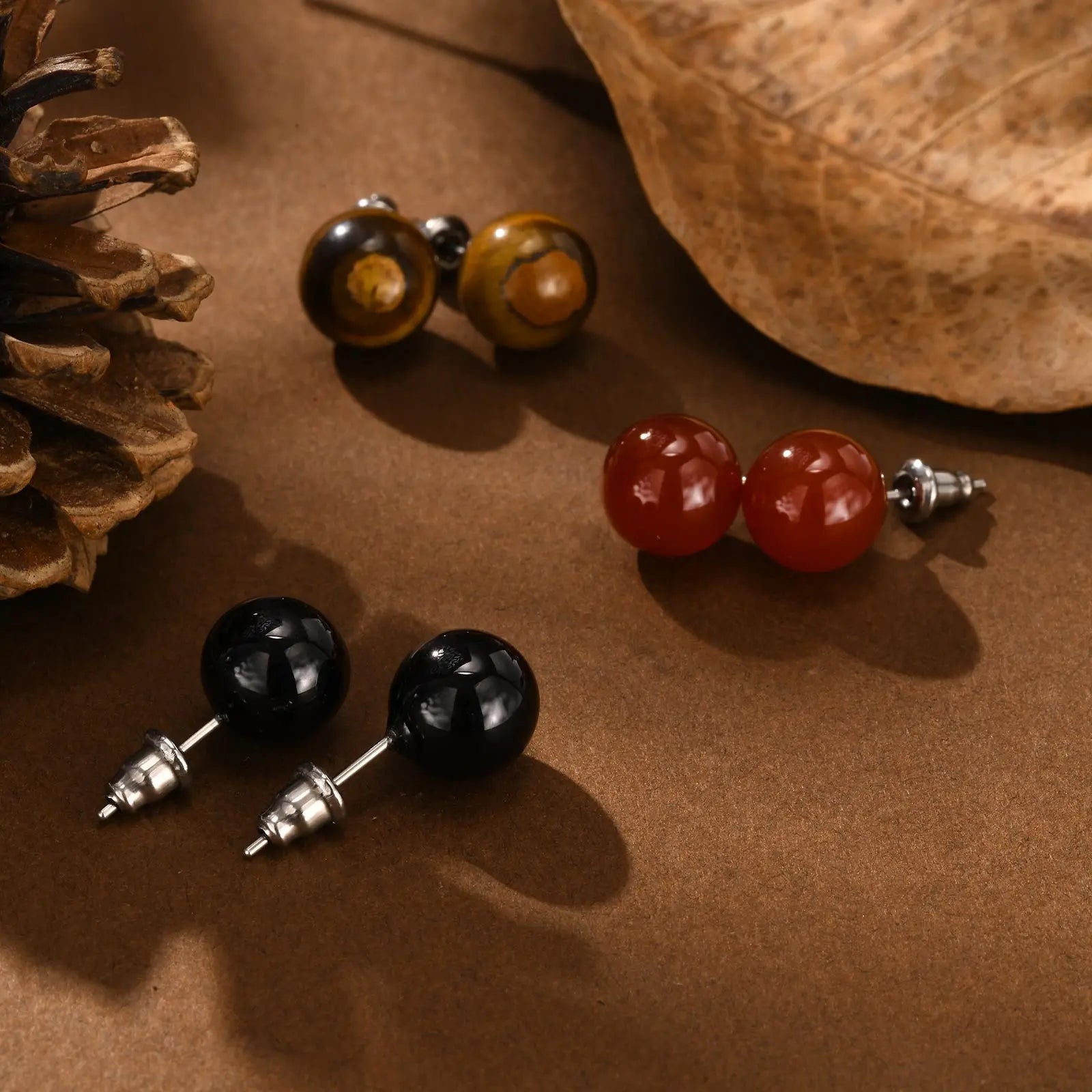 Fashion Red Black Natural Stone Earring for Women,Stainless Steel Black Round Ball Earrings,Punk Stud Earrings Jewelry Gifts