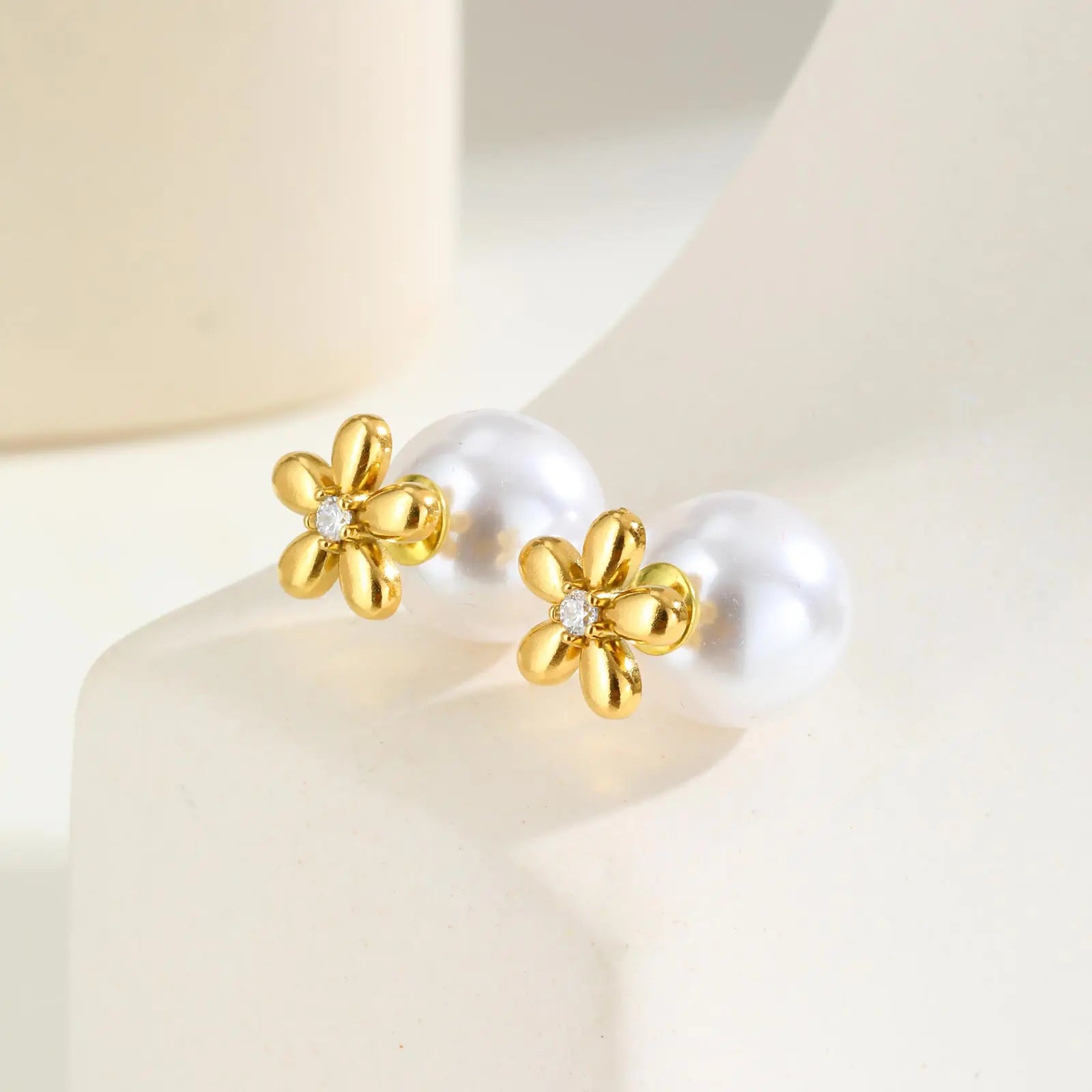 Elegant Zircon Flowers Imitation Pearl Stud Earrings for Women,Gold Color Stainless Steel Earrings,Fashion Jewelry Gifts