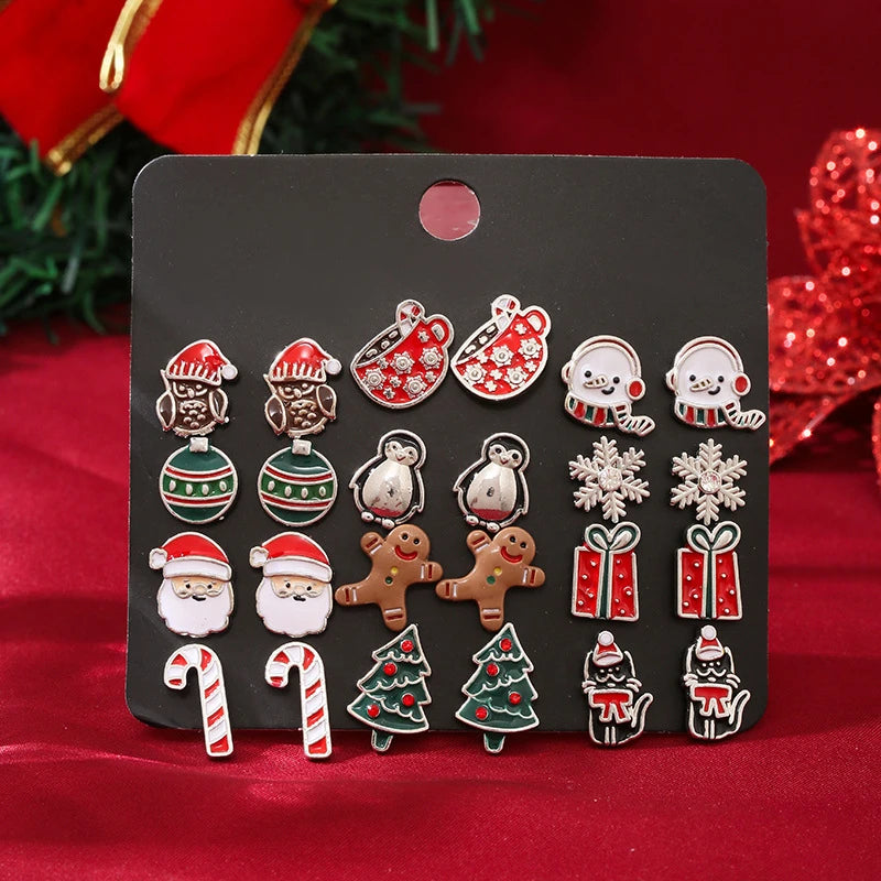 6-12 Pair Christmas Earrings For Women Xmas Tree Elk Snowman Santa Claus Snowflake Stud Earring Set New Year Party Jewelry Gift