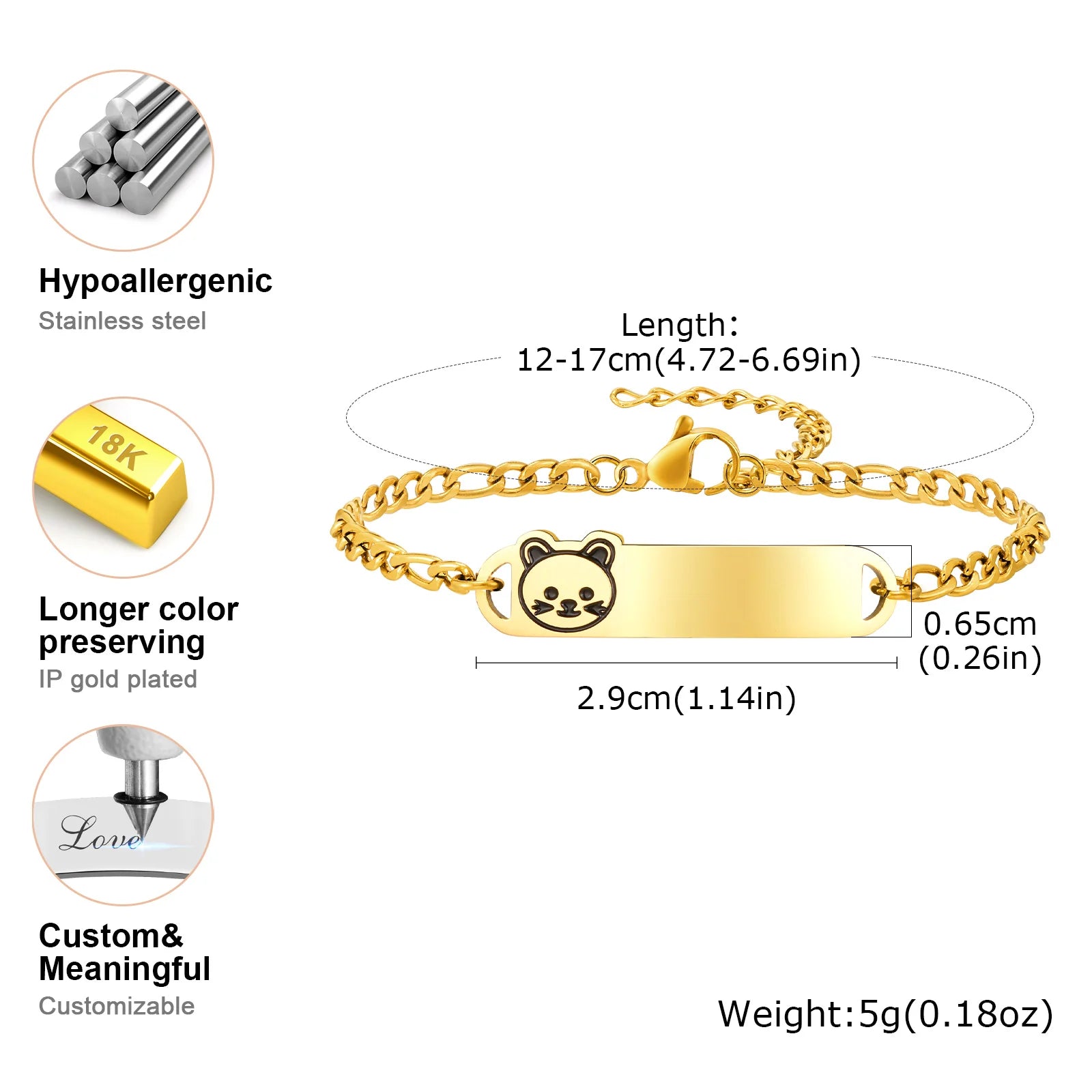 Stainless Steel Personalized Custom Name Date Pattern Bracelets for Little Girls Boys NK Chain Bear Cat head Bracelet Gifts