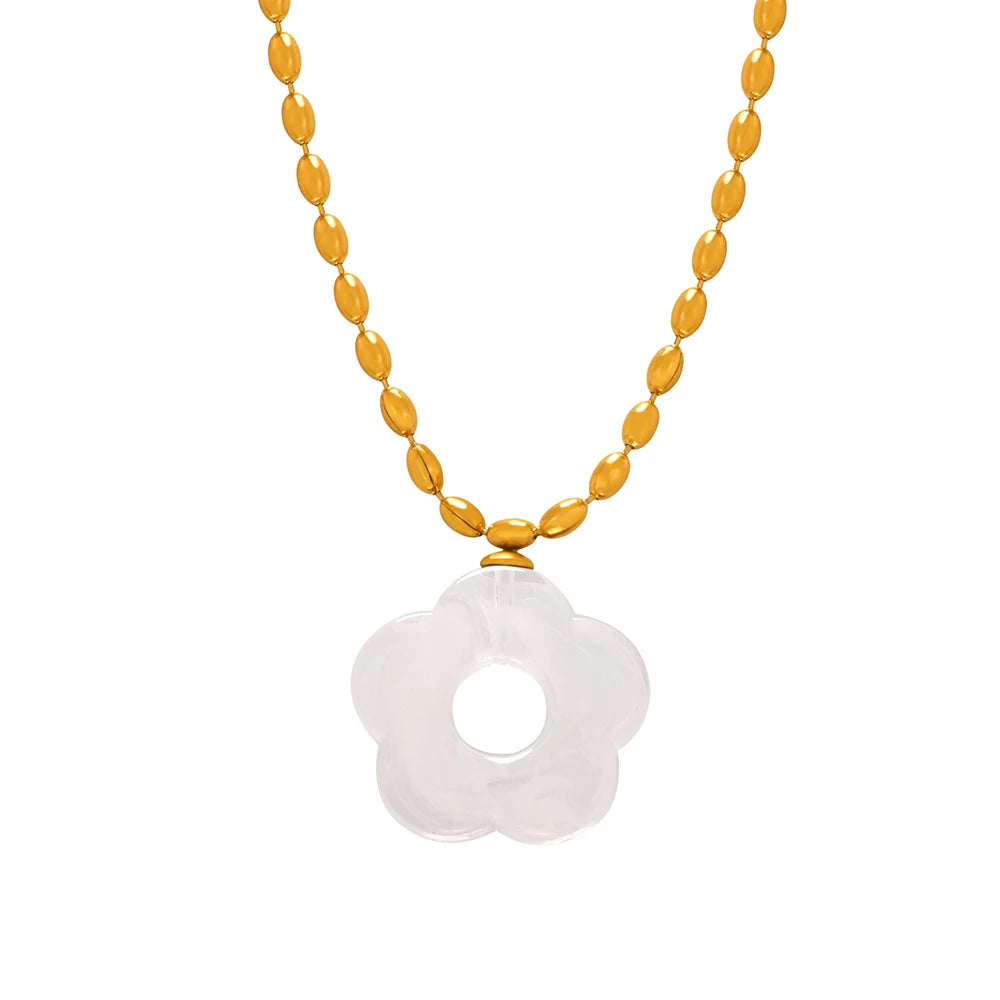 Colorful Resin Hollow Flower Pendant Necklaces Drop Earrings For Women Stainless Steel Rice Chain Women Wedding Jewelry Sets