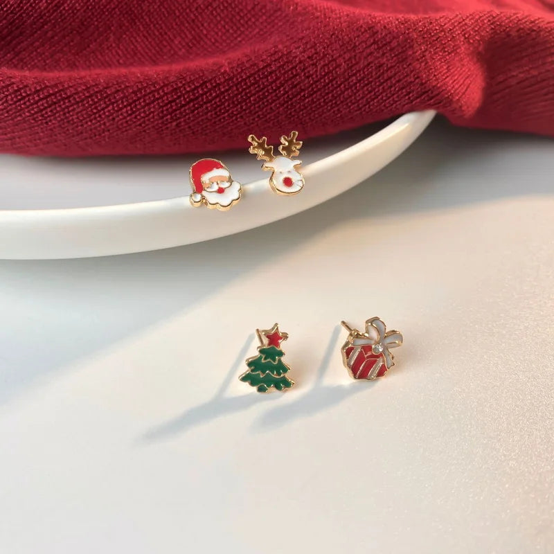 4 Pcs/set Cute Christmas Small Earrings For Women Girls Santa Claus Xmas Tree Elk Stud Earring Party New Year Daily Jewelry Gift
