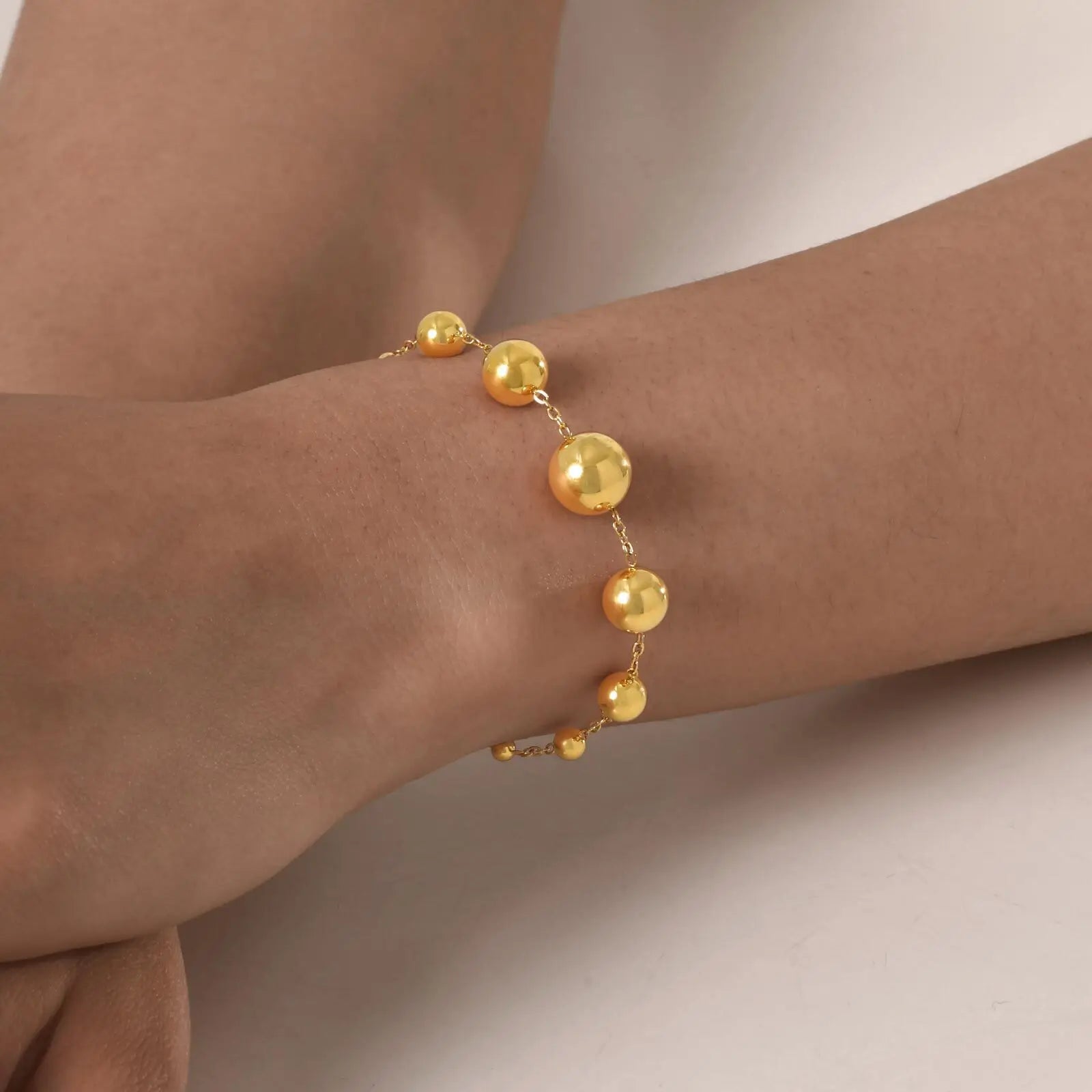 Stainless Steel Round Ball Beads Chain Bracelet for Women, 18K PVD Gold Plated Statement Waterproof Hand Wrist Jewelry