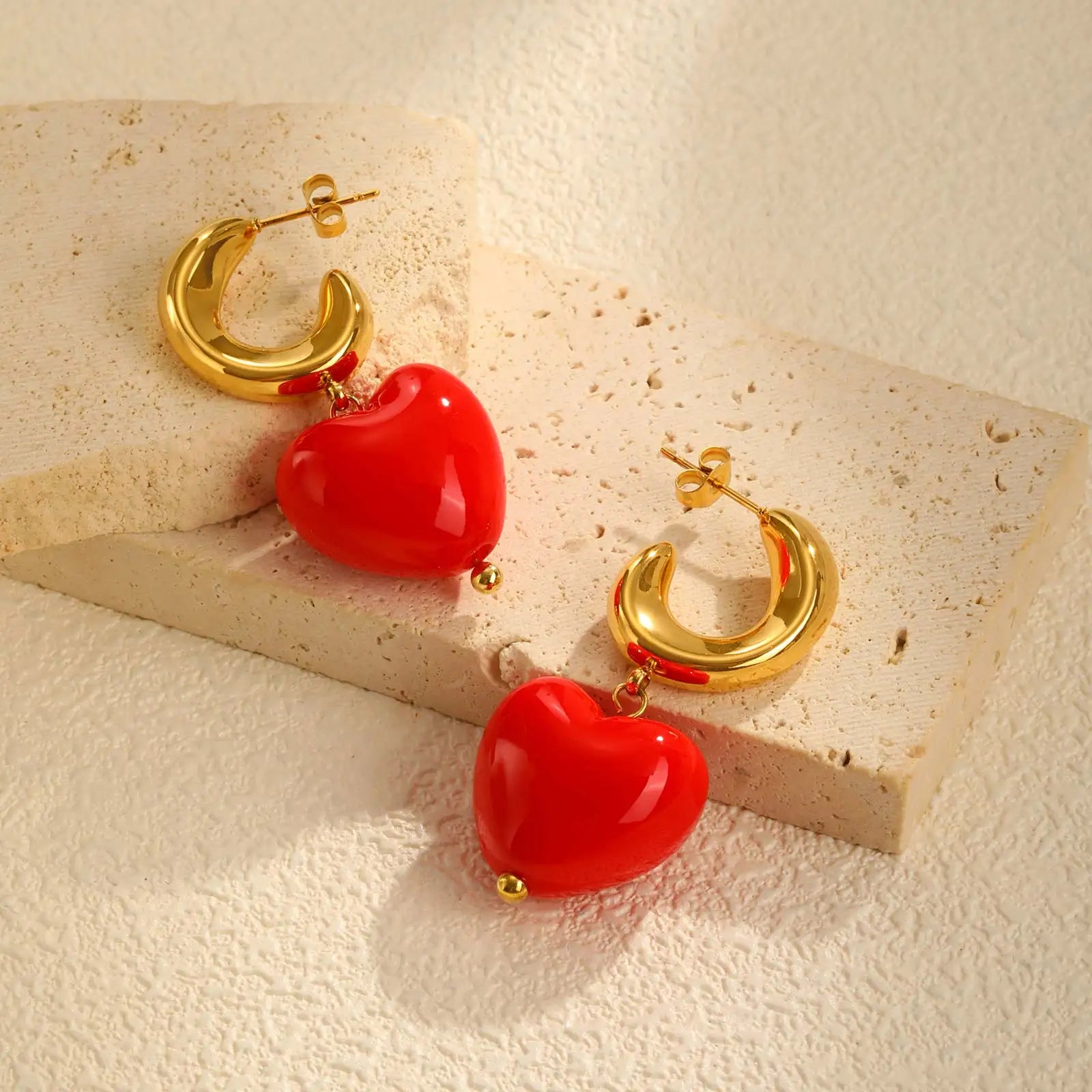Fashion C-shaped Red Heart Earrings for Women,Gold Plated Stainless Steel Earrings,Classic Geometric Jewelry Gifts