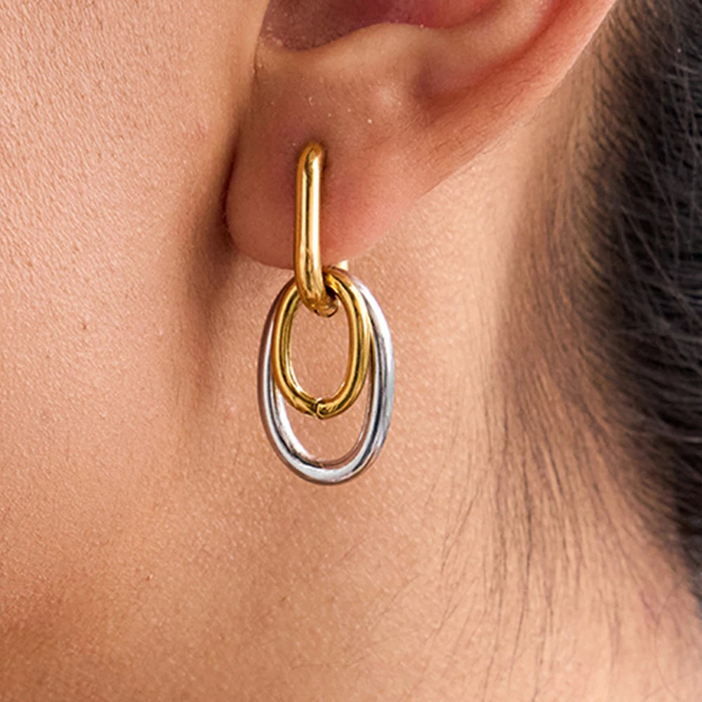 Uworld Minimalist Classic Two Tone Double Ring Hollow U-shaped Earrings 18K Gold Color Plated Stainless Steel Oval Link Earrings