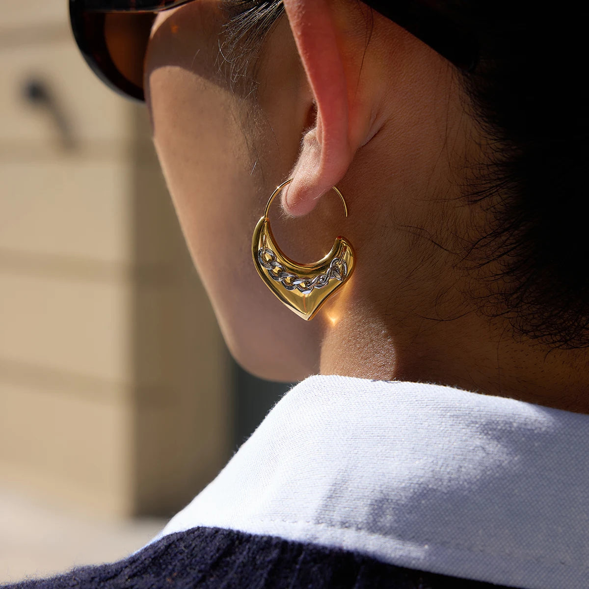 Uworld Minimalist 18K Gold Stainless Steel Gold And Silver Color-block Chain Heart Earrings Women 18K PVD Plated Fashion Jewelry