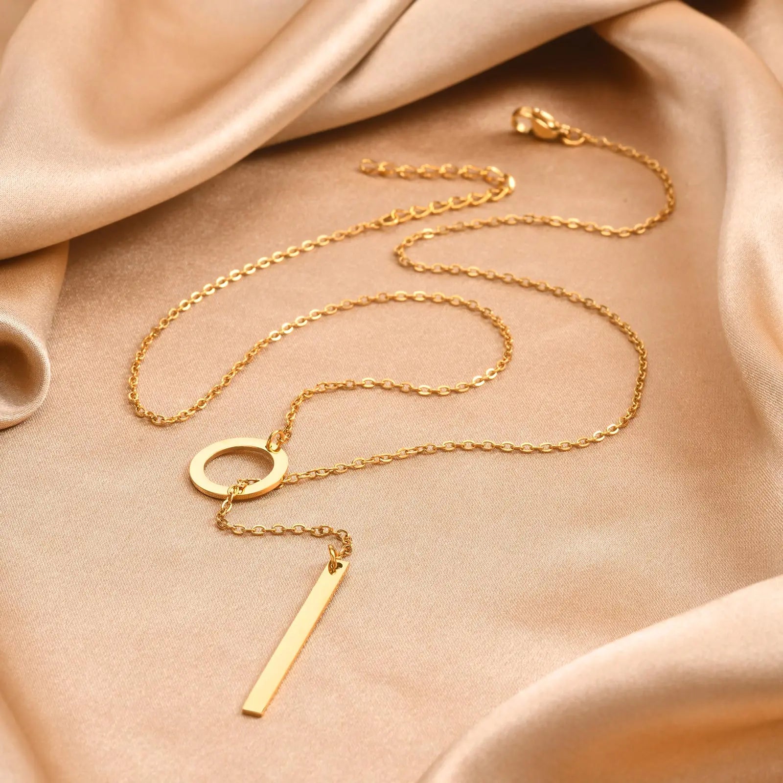 Stainless Steel Flat Cross Chain,Ring Rectangular Strip Adjustable Necklace for Women,Gold Color Geometric Pendant Jewelry