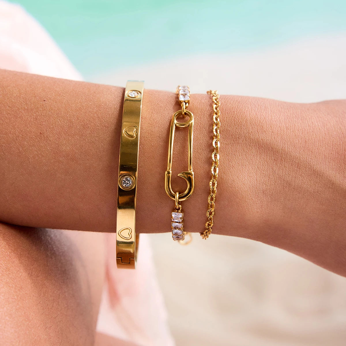 Uworld Simple Classic Square White Zircon Bracelet Paper Clip Double layer Bracelet Stainless Steel Chain Women's Jewelry Party