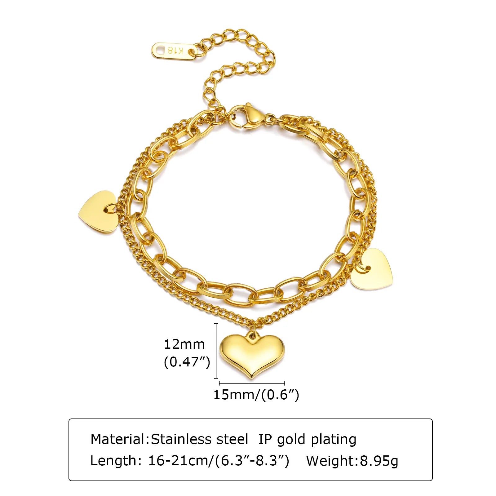 Vintage Stainless Steel Thick Chain Love Heart Charms Bracelet For Women Grils Gift Waterproof Jewelry