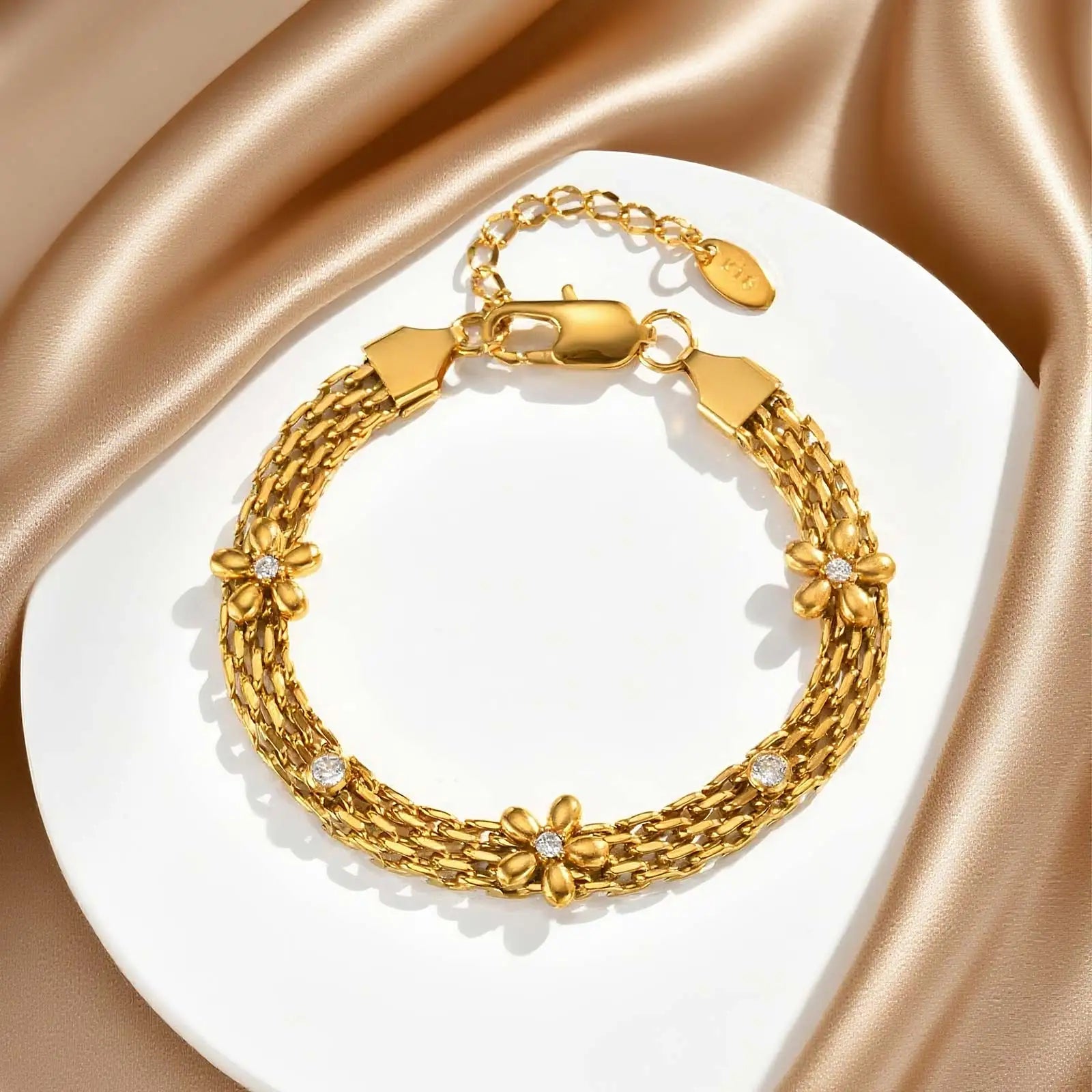 Dainty Mesh Strap with Flowers White Zircon Bracelet, Gold Color Waterproof Bracelets for Women,Charm Party Jewelry Gifts