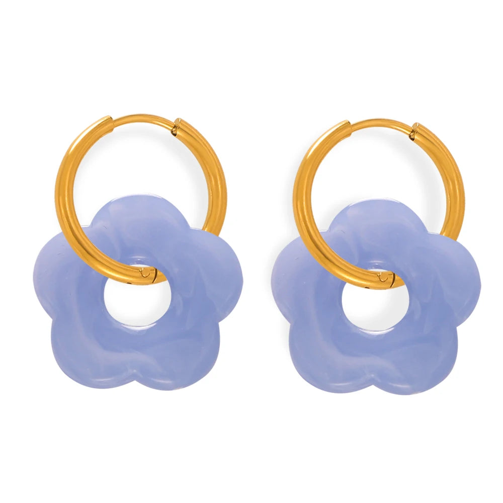 Colorful Resin Hollow Flower Pendant Necklaces Drop Earrings For Women Stainless Steel Rice Chain Women Wedding Jewelry Sets