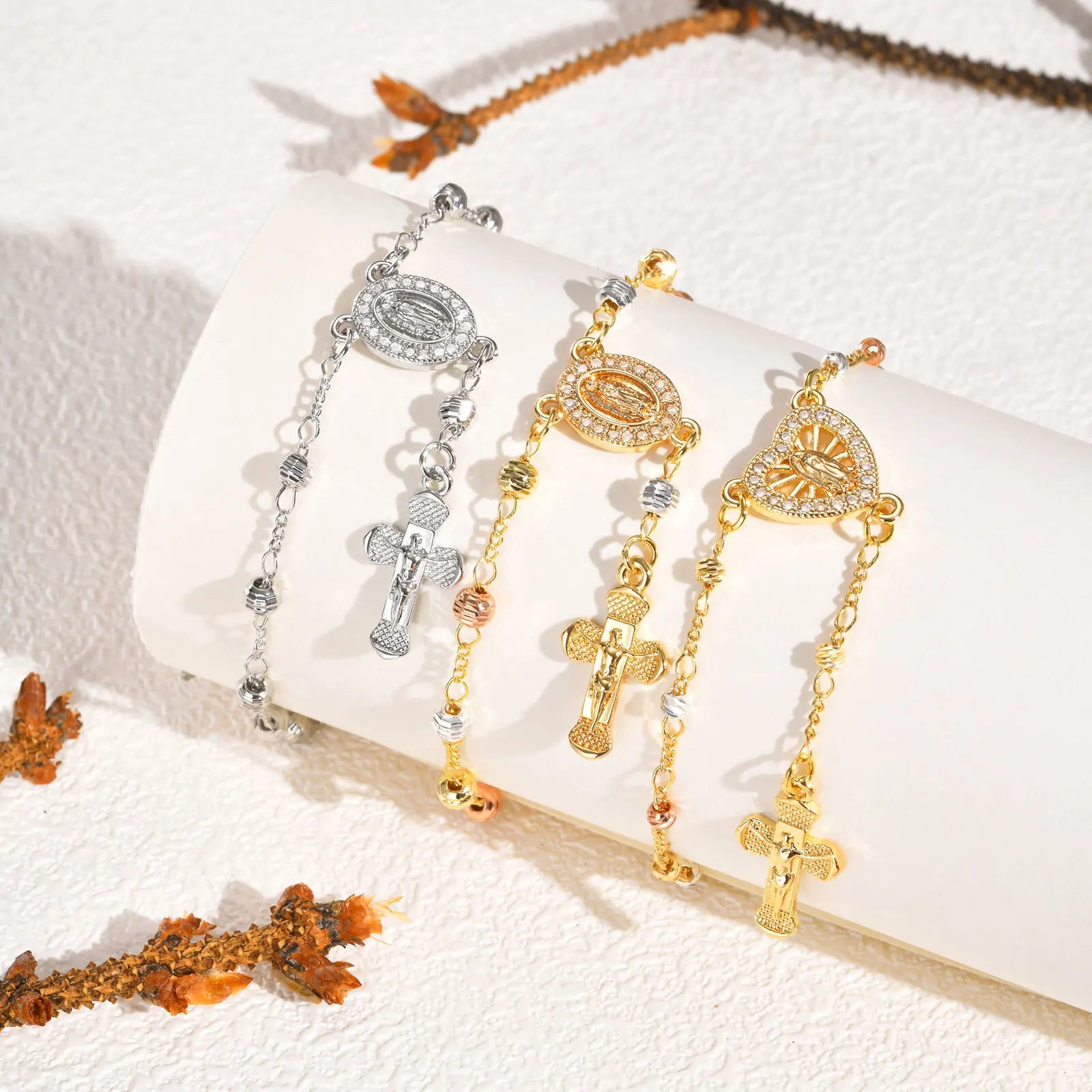 Virgin Mary Rosary Bead Cross Bracelet for Women, Tri-color Adjustable Chaiin Virgin of Guadalupe Bracelet Jewelry Gift