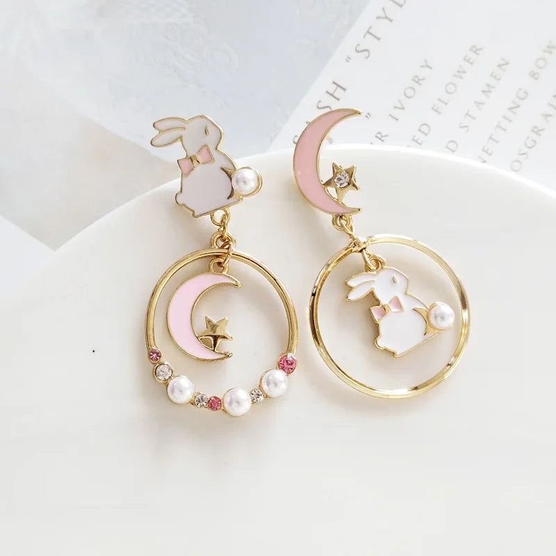 Fashion Moon Stars Cute Animal Cat Asymmetric Earring Sweet Flowers Kitten Fan Tassel Pendant Earrings Girl Temperament Jewelry