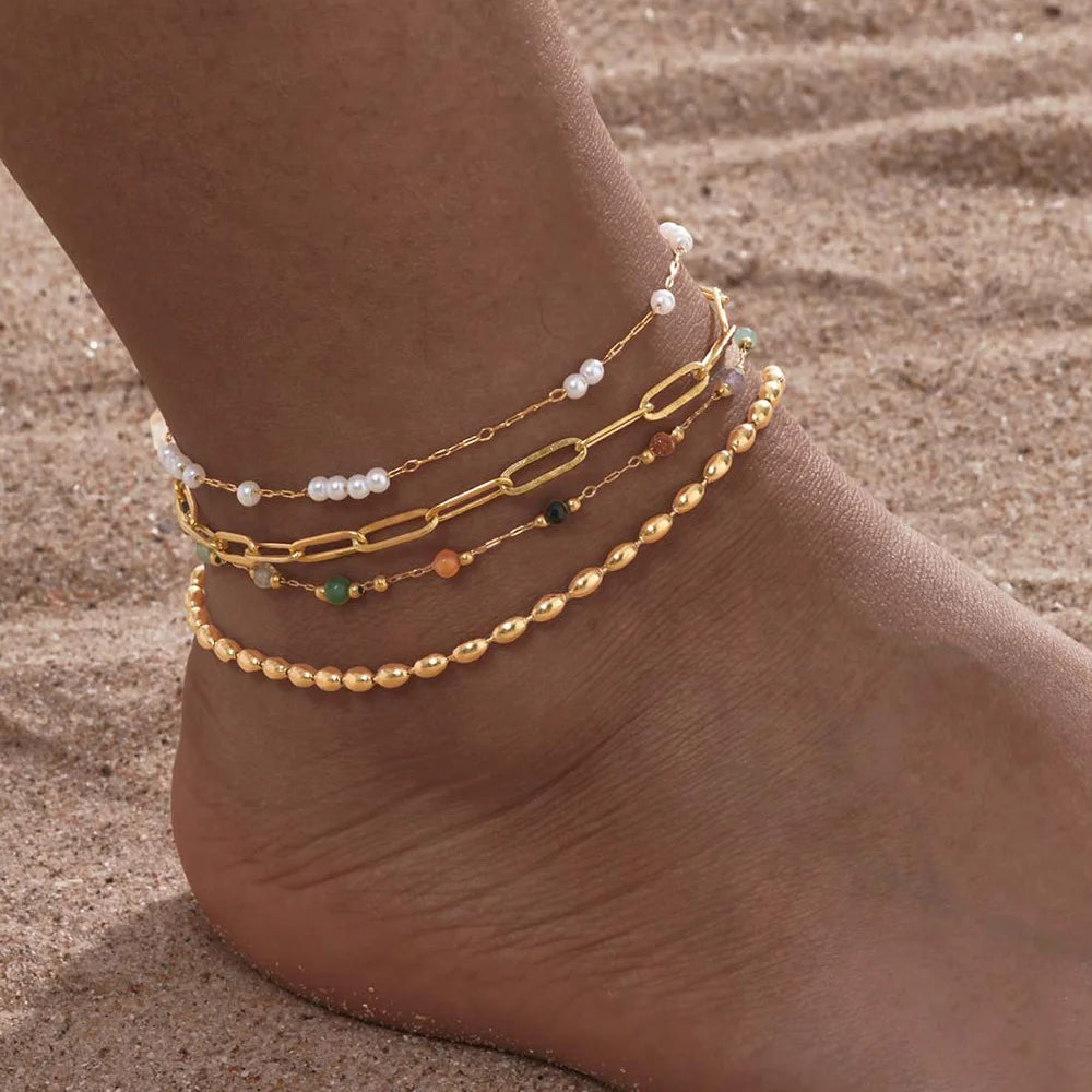 Stainless Steel Pearl Anklets Bracelet for Women, 18k Gold Plated  Foot Chain Adjustable Stackable Bracelets on Leg Jewelry
