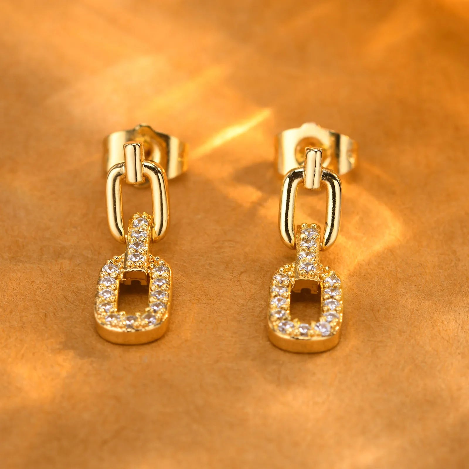 Dainty Bling Paperclip Chain Drop Earrings for Women Girls, Gold Plated Metal Rectangle Link Dangle AAA Cubic Zirconia Stone