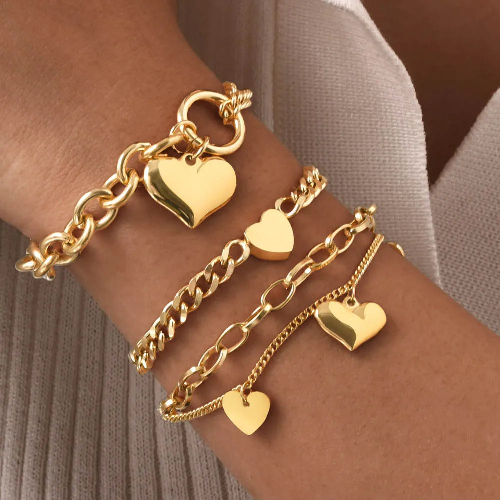 Vintage Stainless Steel Thick Chain Love Heart Charms Bracelet For Women Grils Gift Waterproof Jewelry
