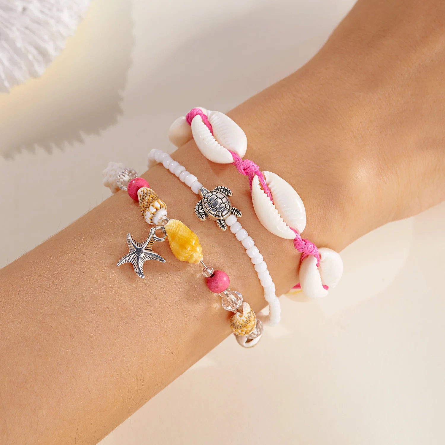 Summer Bohemian Flower Starfish Sea Turtle Pendant Bracelets Set for Women Polymer Clay Colorful Beaded Bangle Beach Jewelry