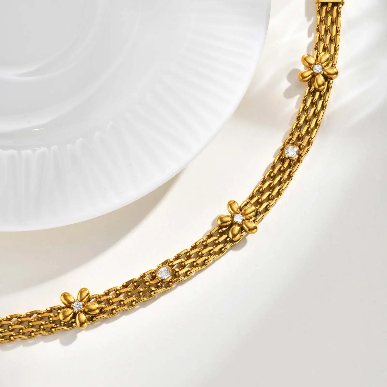 Dainty Mesh Strap with Flowers White Zircon Bracelet, Gold Color Waterproof Bracelets for Women,Charm Party Jewelry Gifts