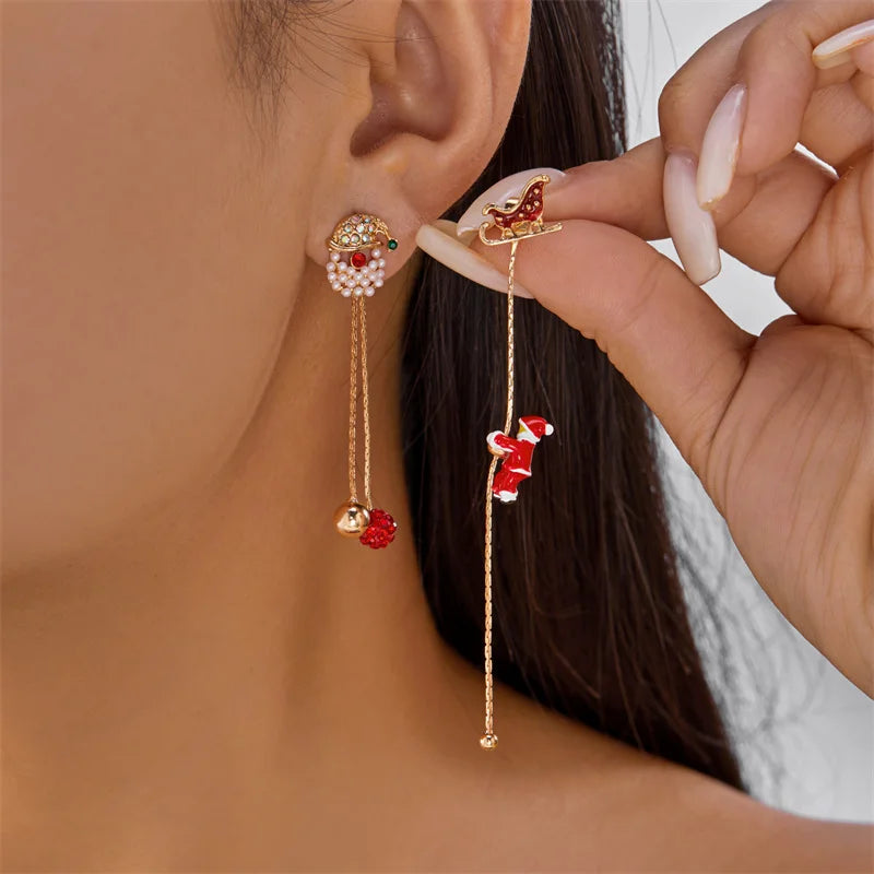 Fashion Christmas Asymmetrical Earrings for Women Zircon Snowflake Santa Claus Xmas Tree Snowman Tassel Earring Party Jewelry