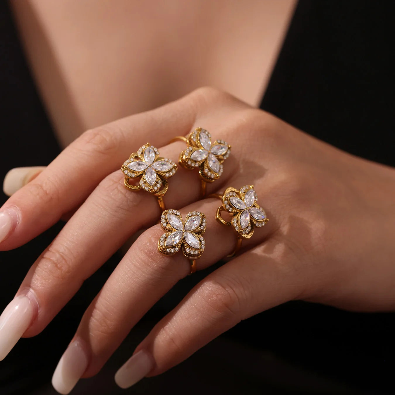 Nivora Vintage Rotatable Zircon Flower Stainless Steel Chain Necklaces Earrings Rings for Women Charm Wedding Banquet Jewelry