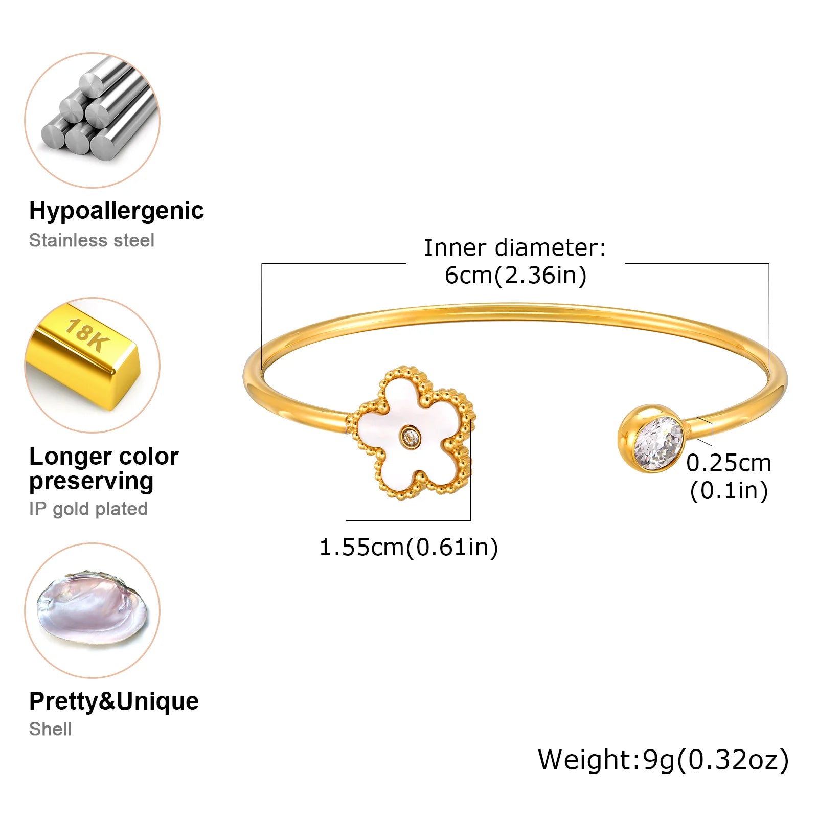 Set Chic Zircon White Shell Flower Bracelet Imitation Pearl Drop Earrings for Women, Stainless Steel Gold Color Fashion Jewelry