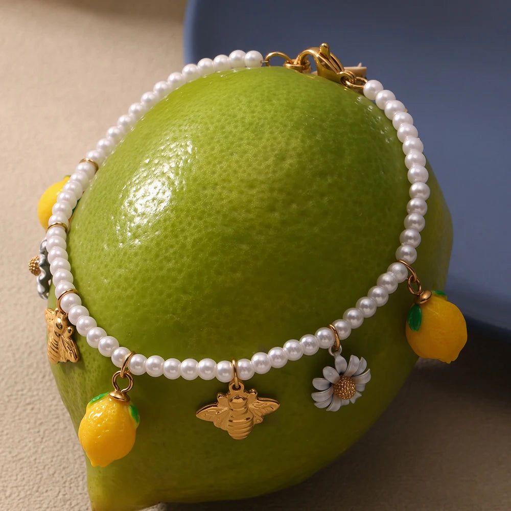 Nivora Distinctive Resin Lemon Imitation Pearl Chain Pendant Bracelets For Women Stainless Steel Bracelet Women Daily Jewelry