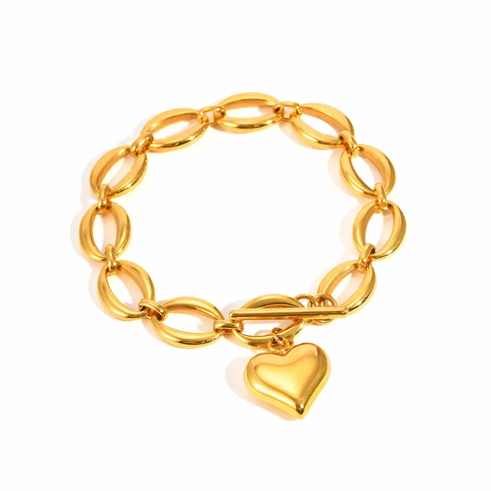 Heart Bracelet for Women, Stainless Steel 18k Gold Plated Toggle Clasp, Charm Love Link Bracelets for Valentines Day