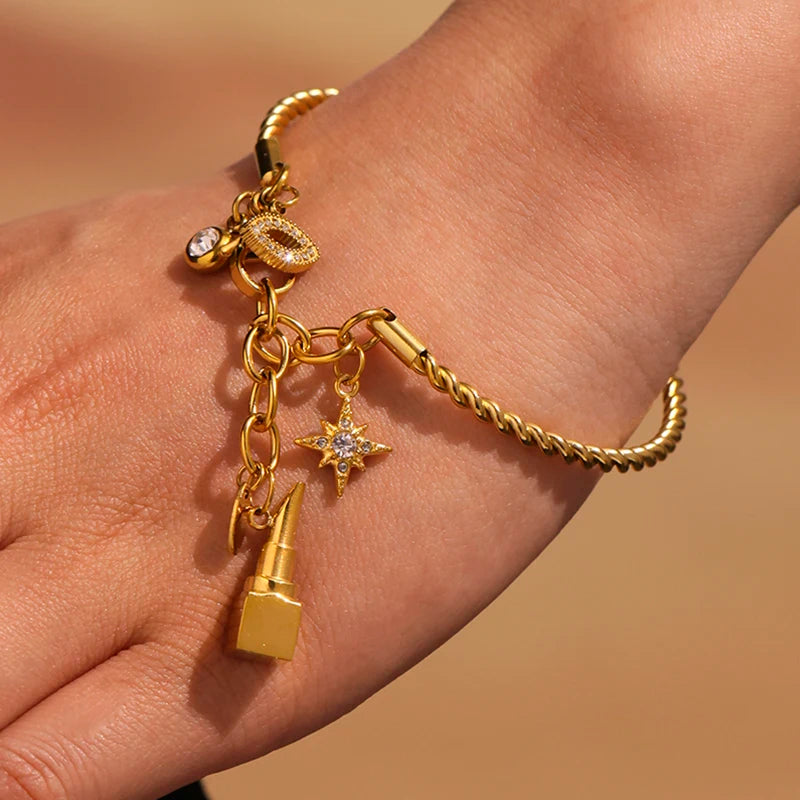 Nivora Fashion Lipstick Star Pendant Bangle For Women Stainless Steel Twistedwire Zircon Wedding Bangle Bracelet Casting Jewelry