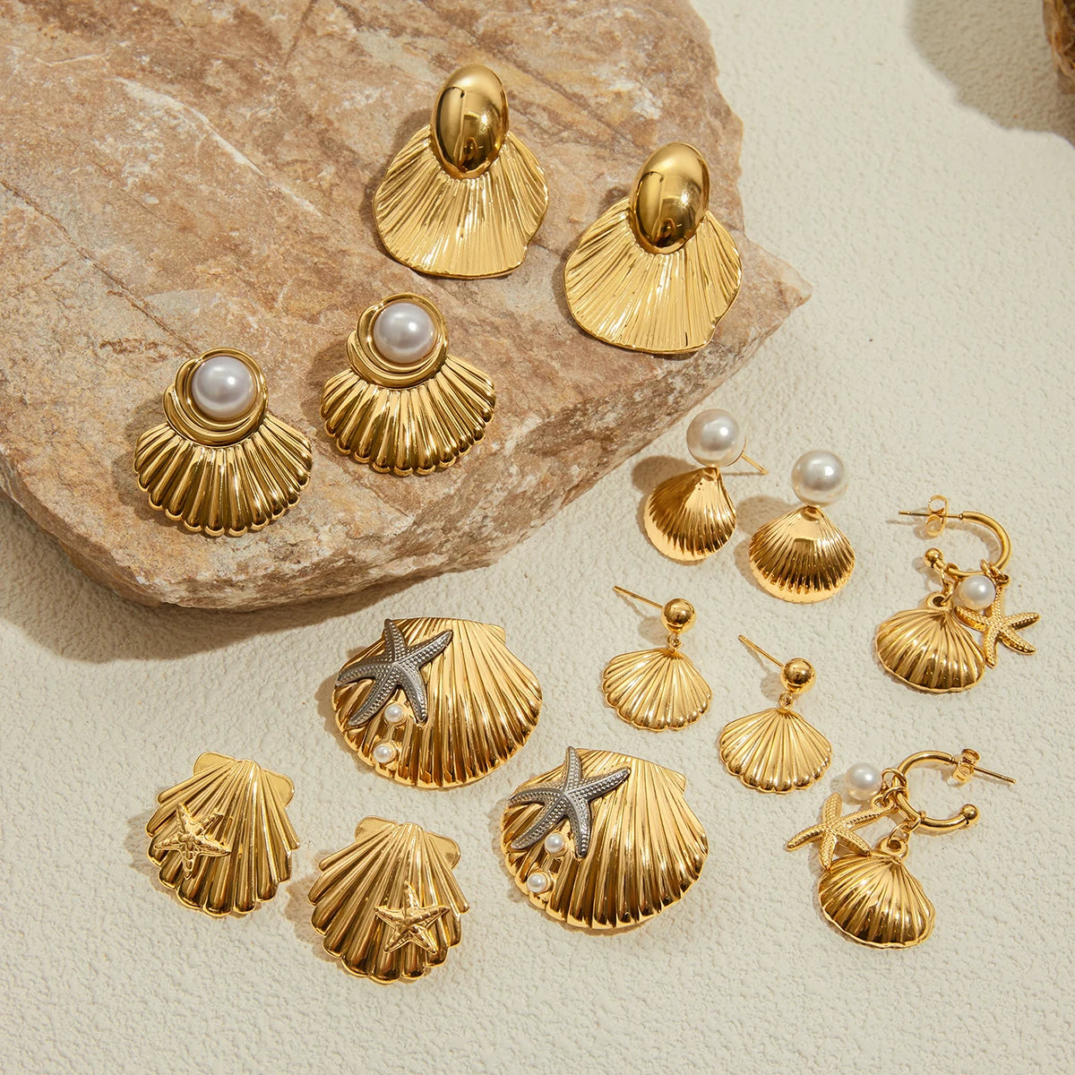 Uworld Ocean Vacation Style 18K Gold Color Plated Stainless Steel Waterproof Starfish Shell Ear Studs Pearl Conch Earrings Women