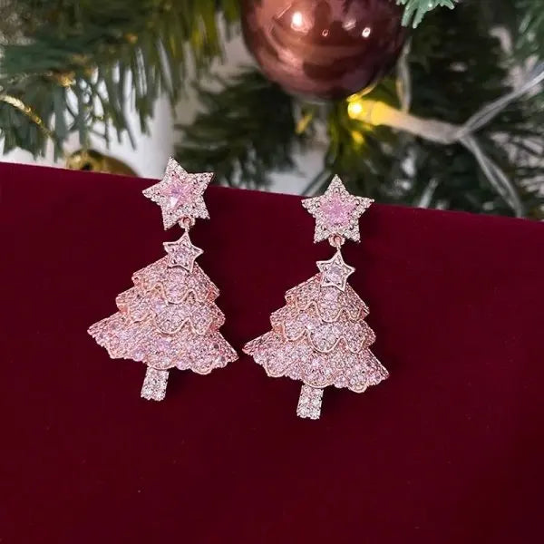New Sweet Pink Christmas Tree Earring for Women Full Rhinestone Sparkling Zircon Xmas Tree Dangle Earring New Year Party Jewelry