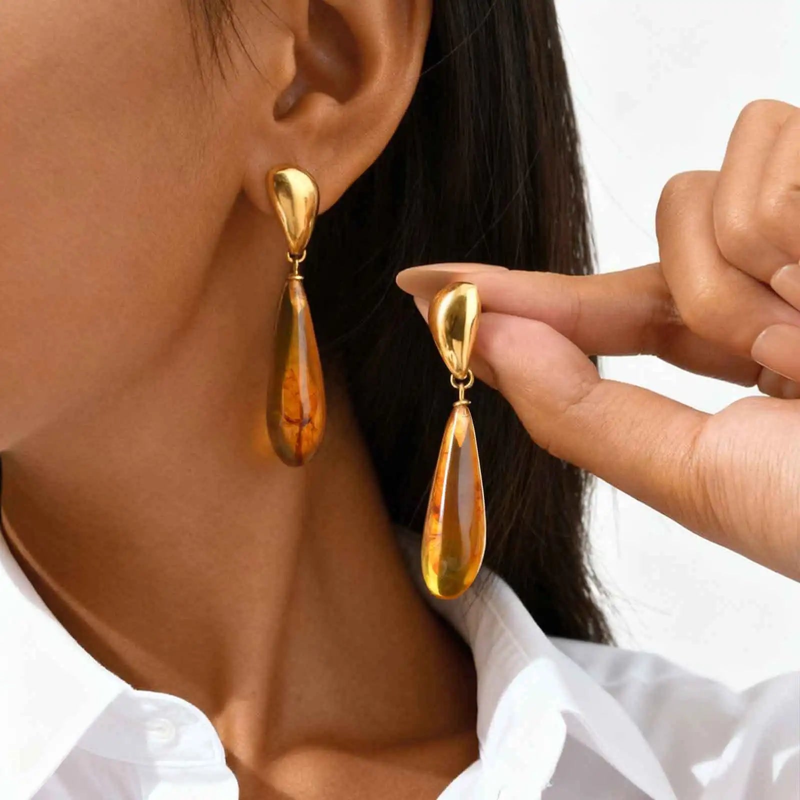 Water Drop Statement Earrings for Women, Resin Amber-colored Teardrop Dangle Earring