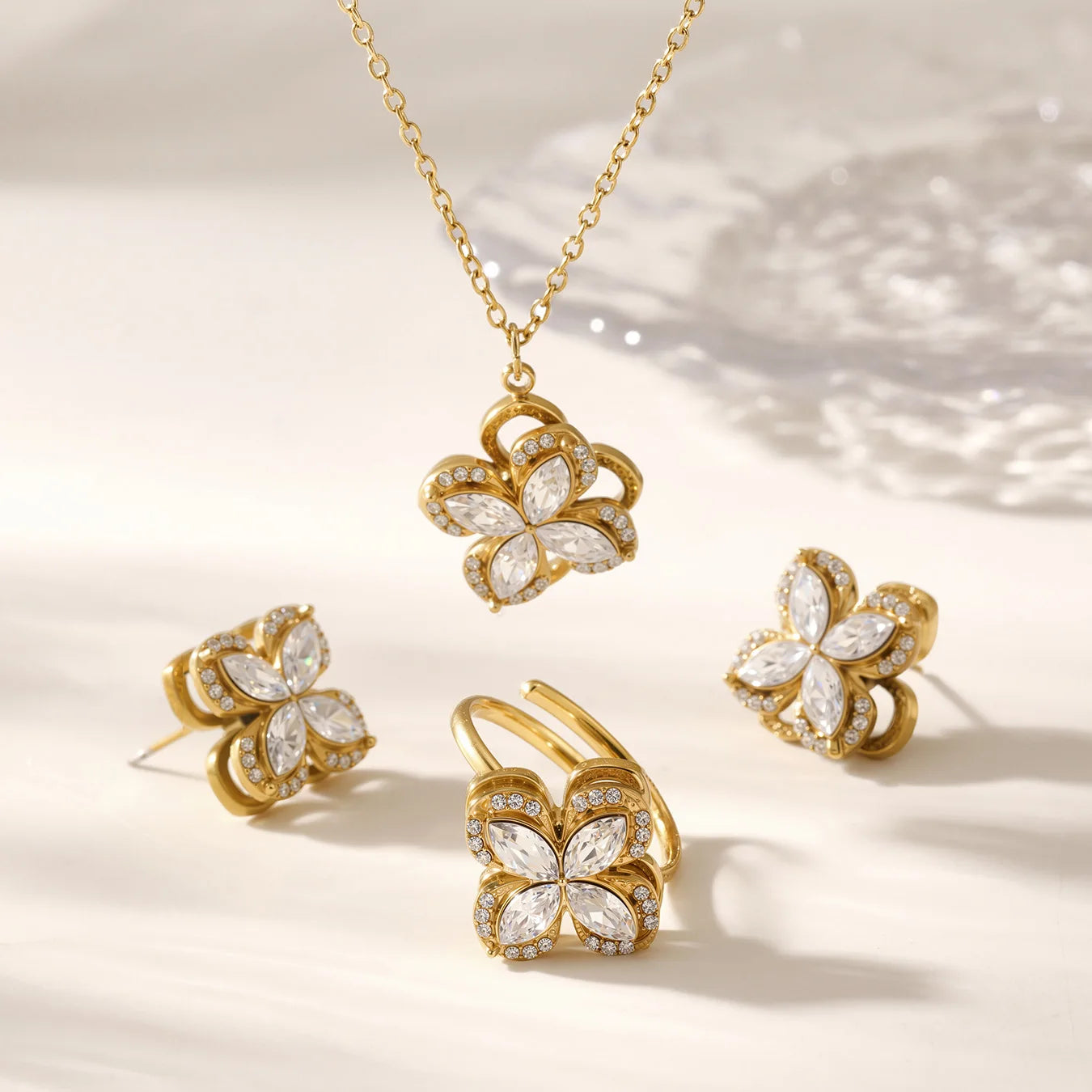 Nivora Vintage Rotatable Zircon Flower Stainless Steel Chain Necklaces Earrings Rings for Women Charm Wedding Banquet Jewelry