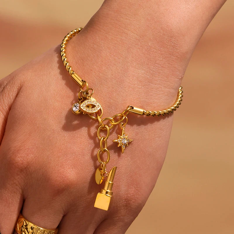 Nivora Fashion Lipstick Star Pendant Bangle For Women Stainless Steel Twistedwire Zircon Wedding Bangle Bracelet Casting Jewelry