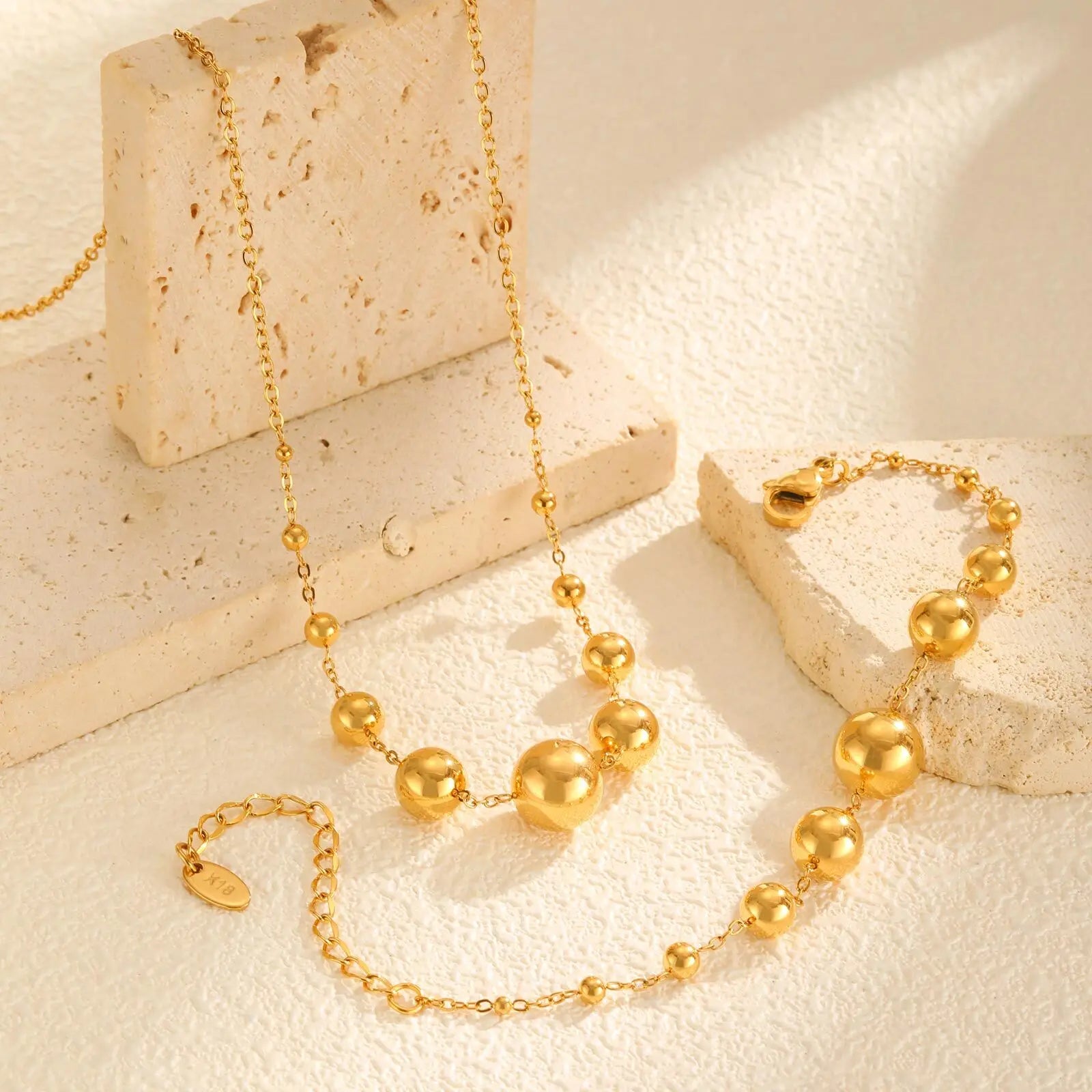 Stainless Steel Round Ball Beads Chain Bracelet for Women, 18K PVD Gold Plated Statement Waterproof Hand Wrist Jewelry