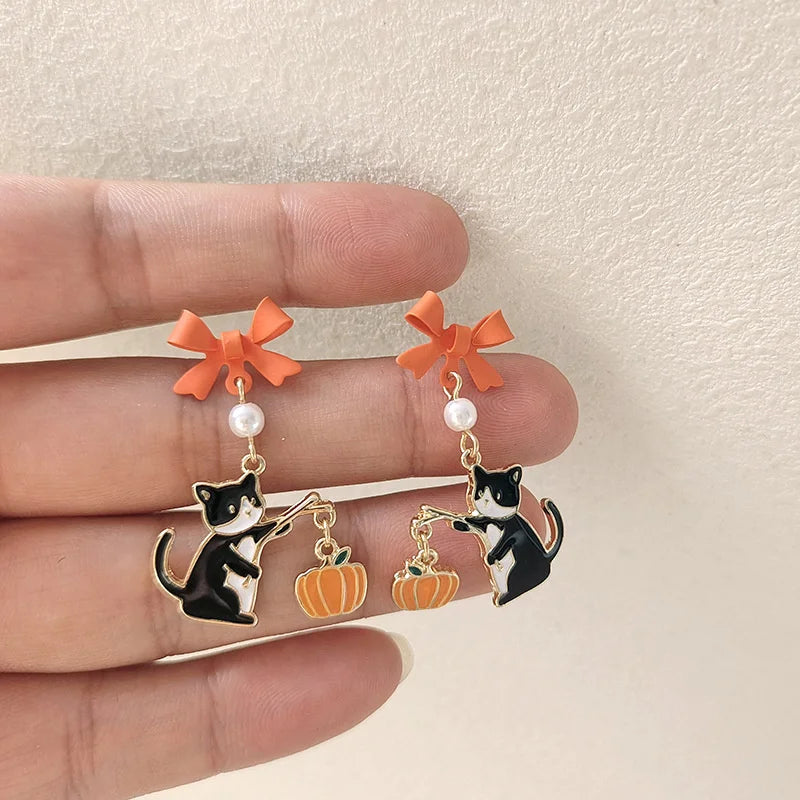 Cute Ghost Pumpkin Dangle Earrings for Women Cartoon Asymmetrical Star Crystal Long Tassel Earrings Halloween Christmas Jewelry