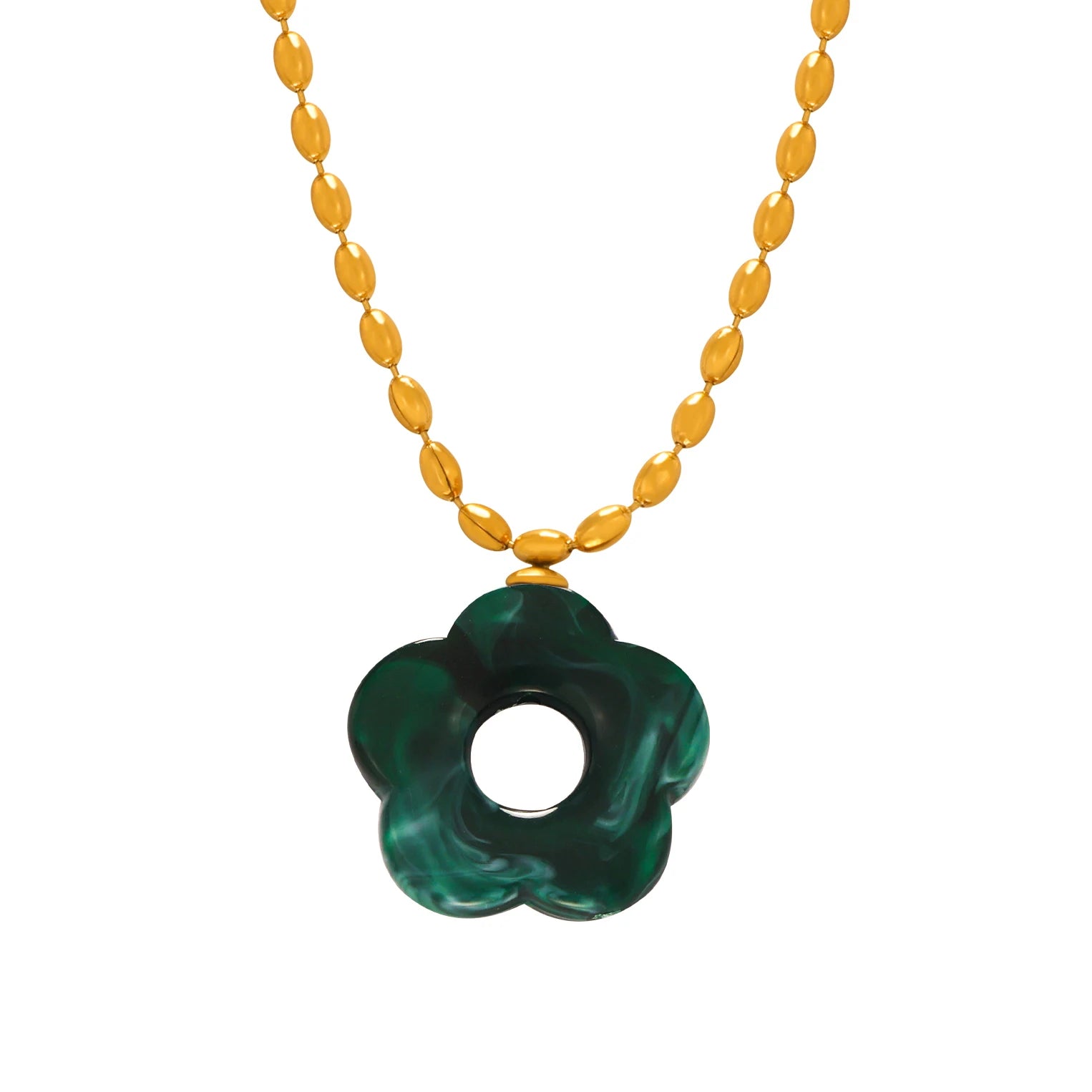 Colorful Resin Hollow Flower Pendant Necklaces Drop Earrings For Women Stainless Steel Rice Chain Women Wedding Jewelry Sets