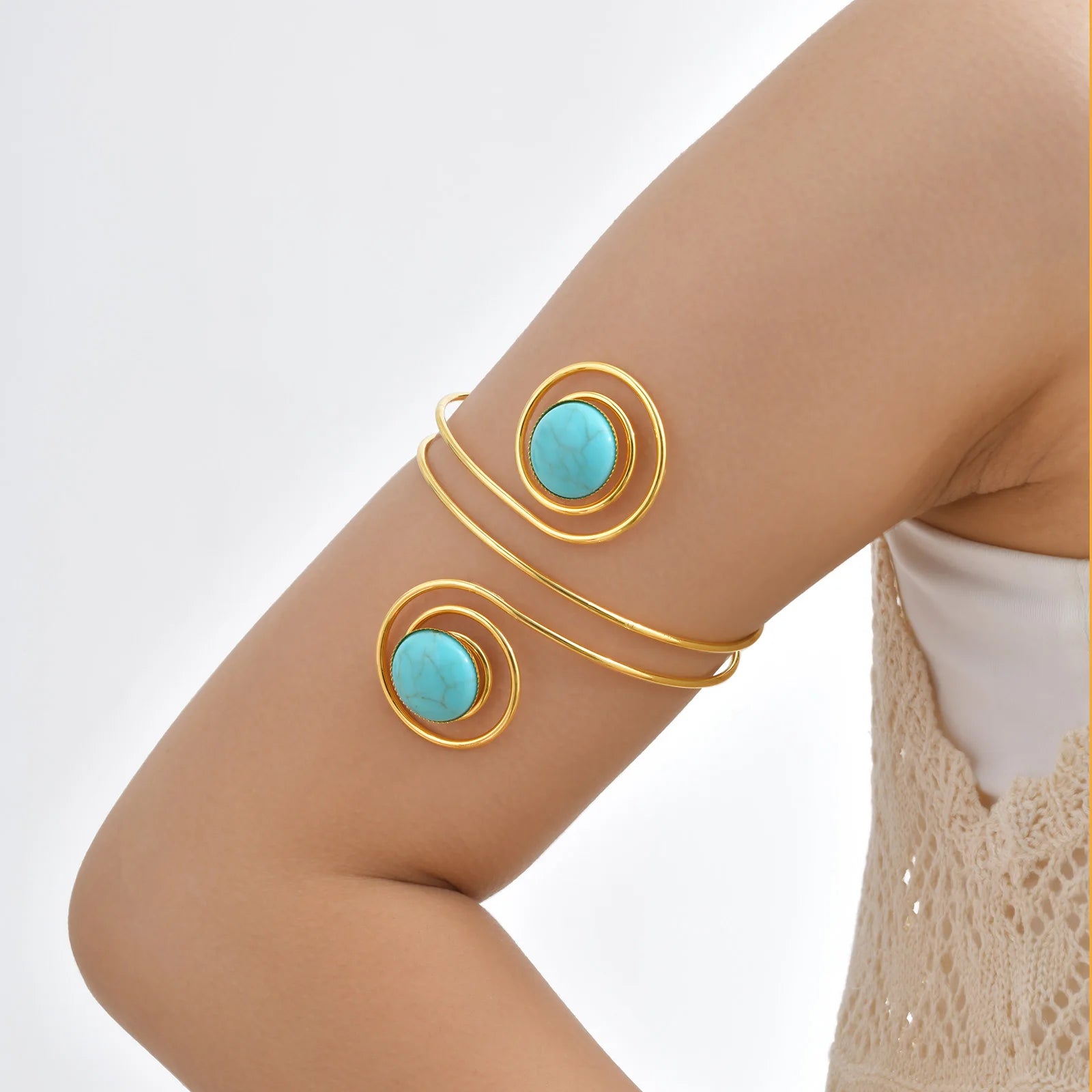 Punk Opening Adjustable Ring Arm Bracelet for Women,Stainless Steel Turquoise Spiral Pattern Arm Bracelets,Trendy Jewelry Gift