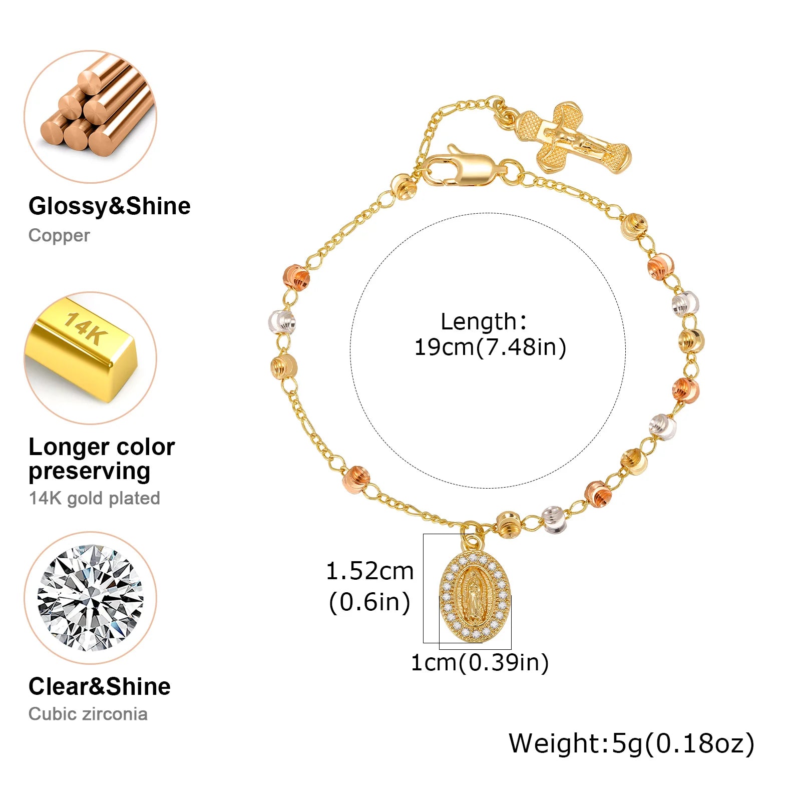 Zircon Virgin Mary Religious Bracelet for Women, Tricolor Beaded Golden Cross Rosary Catholic Bracelet, Baptism Jewelry