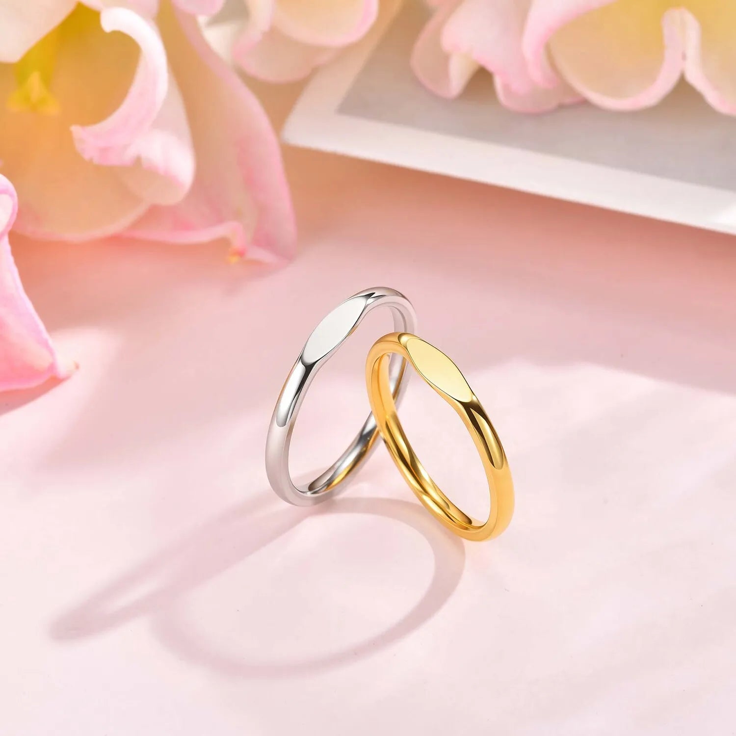 Geometry Slim Signet Rings for Women, Stainless Steel Finger Pinky Ring Gold Color, Wedding Band Party Gift