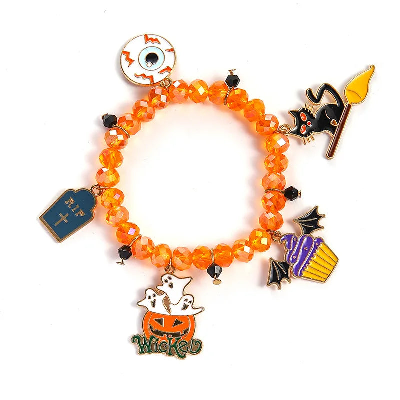 Funny Halloween Crystal Beaded Bracelet for Women Cartoon Pumpkin Black Bat Ghost Spider Web Beads Bracelets Party Jewelry Gift