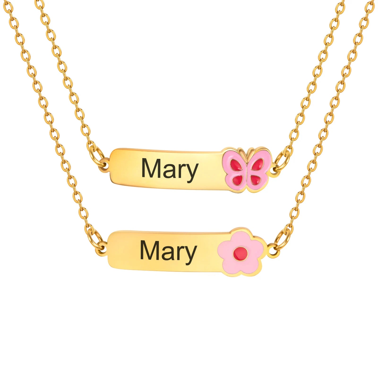 Personalized Name Bar Necklace With Butterfly Flower, Stainless Steel Cute Pendant For Girls Childs Kids Charms Gift